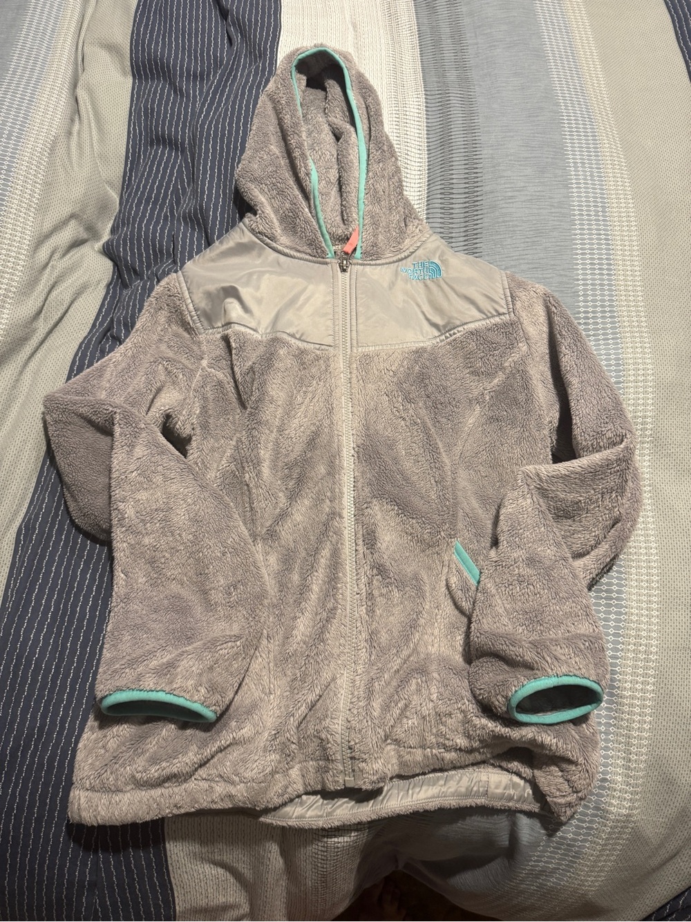 The North Face Girls' Gray Fleece Hoodie with Teal Trim